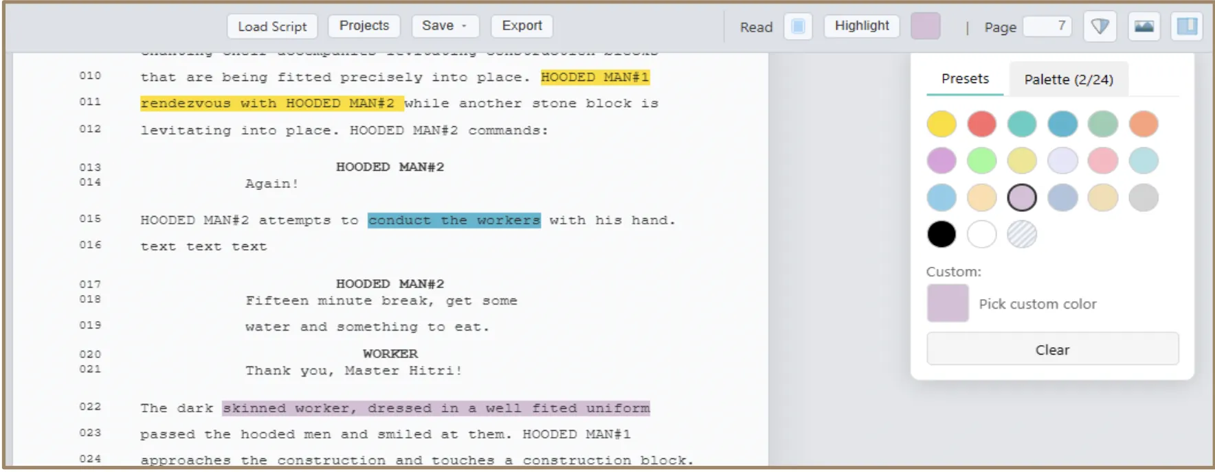 Color Picker showing preset swatches and custom color selection